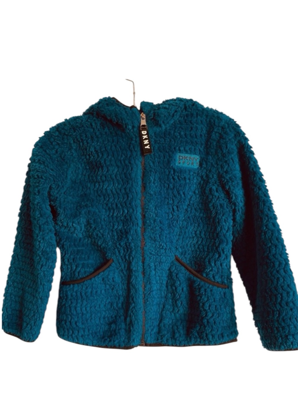 DKNY Sport Sherpa Jacket Girls Zip Up Hooded Fleece Medium Turquoise Blue Teddy